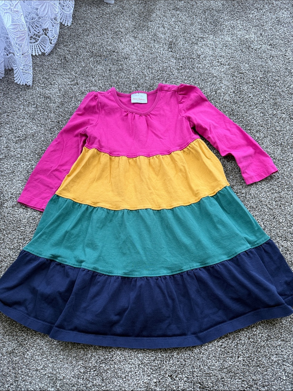 Hanna Andersson Pink Yellow Teal Navy Colorblock Tiered Dress